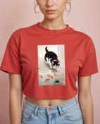 Resim Kedi ve Japon Balığı Kasesi Crop Tişört 