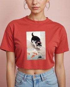 Resim Kedi ve Japon Balığı Kasesi Crop Tişört 