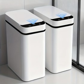 Resim Beyaz Banyo 2'li/1'li Akıllı Temassız Çöp Kovası 11.13 L Kapaklı Otomatik Sensörlü Hareket Sensörü, İnce Otomatik Sensörlü Hareket Sensörlü Küçük Çöp Kovası, Elektrikli Dar Küçük Çöp Kovası, Mutfak, Ofis, Oturma Odası, Banyo, Karavan vb. için Uygun 