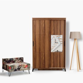 Resim Pasifichome Huga Sürgülü Gardırop Ceviz 120Cm / 2 Kapaklı Çekmeceli Dolap 