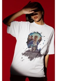 Resim Tasarım Stranger Things Dizi Baskılı Unisex Oversize Tişört Beyaz 