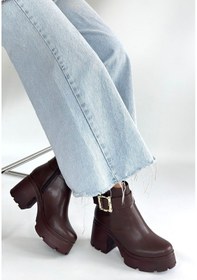 Resim Yandan Fermuarlı Topuklu Bot Cilt Kahverengi Topuk Boyu 7 Cm Kahverengi 