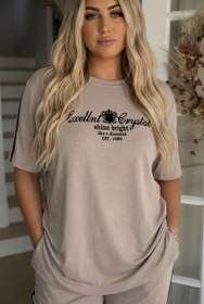 Resim Kadın Büyük Beden Kısa Kollu Kabartma Baskılı Yanı Şeritli Eşofman Takımı 8269-26 - Bordo / 3XL 