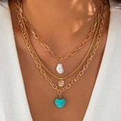 Resim 3 Adet Vintage Tarzı Kolye Seti, Çinko Alaşım Sahte İnci ve Turkuaz Kalp Pendants, Payet Detayı, Günlük ve Hediye Etkinlikleri için Şoker Yaka - Tüm Mevsim Takıları 