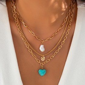 Resim 3 Adet Vintage Tarzı Kolye Seti, Çinko Alaşım Sahte İnci ve Turkuaz Kalp Pendants, Payet Detayı, Günlük ve Hediye Etkinlikleri için Şoker Yaka - Tüm Mevsim Takıları 