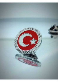 Resim Yörük Tasarım Türk Bayrağı Fasetli Yaka Rozeti Gümüş 