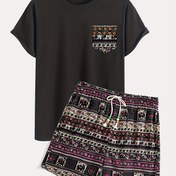 Resim 1 Set Boho Kabile Baskılı Pamuk Tişört ve Şort, Yaka Loose Fit Hafif Esneme ile, Casual Drawstring Alt, Örgü Kumaş, İlkbahar Mevsimi Kıyafeti 
