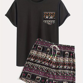 Resim 1 Set Boho Kabile Baskılı Pamuk Tişört ve Şort, Yaka Loose Fit Hafif Esneme ile, Casual Drawstring Alt, Örgü Kumaş, İlkbahar Mevsimi Kıyafeti 