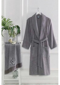 Resim Erkek Havlulu Banyo Bornoz Takımı %100 Pamuklu Antrasit L-xl 