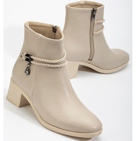 Resim Kadın Topuklu Bot Bej Hazır Taban Halat Aksesuarlı Cilt-3496 Bej 