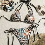 Resim 2 adet Leopar Desenli Seksi Bikini Takımı, Yüksek Esneklikli Polyester Örgü Kumaş, Yan Bağcıklı Alt Kıyafet, Kadınlar için Kolsuz Mayo 