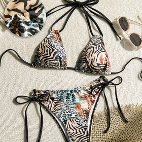 Resim 2 adet Leopar Desenli Seksi Bikini Takımı, Yüksek Esneklikli Polyester Örgü Kumaş, Yan Bağcıklı Alt Kıyafet, Kadınlar için Kolsuz Mayo 