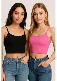 Resim Kadın 2'li Paket Pembe Siyah Kısa Crop İp Askılı Krop Bluz Büstiyer Çok Renkli 