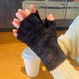 Resim 1 Çift Kadın Kışlık Peluş Aparatsız Yarı Parmak Eldiven, Polar Astarlı Bilek Koruyucu Ofis Yazı ve Öğrenci Eldivenleri 