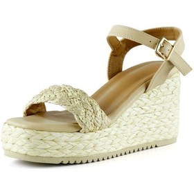 Resim Erkan Saçmacı Bej İnci İşlemeli Tokalı Hasır Örgü Görünümlü Dolgu Topuklu Sandalet Bej 