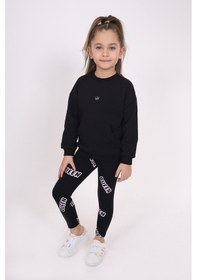 Resim Toontoy Kız Çocuk 2'li Takım Baskılı Bisiklet Yaka Düşük Omuz Cepli Sweatshirt & Basic Düz Tayt Siyah 