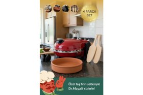 Resim Dr.Maya® | Nefis Güveç Seti Ürün Grubu - 4 Parça | Pro Plus Taş Fırın Makinesi (Kırmızı) + Mutfak Gereçleri 