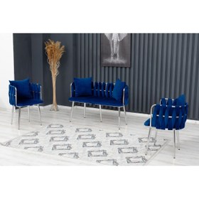 Resim Rozexi Sarmaşık Çay Seti Takımı Lacivert Koltuk Takımı Oturma Odası Kafe Antre Hol Ofis 2+1+1 Krom Metal 