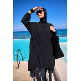 Resim Marina Siyah Tam Kapalı Tesettür Mayo Asimetrik Kesim Trençkot Stil Polyester Düz Renk M2503-3 