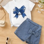 Resim Kelebek Baskı Desenli Gençler İçin Yuvarlak Yaka Örgü Kısa Kollu Dayanıklı Rahat Nefes Alabilir Spor Günlük Düz Kol Moda Yazlık Sevimli Kız T-Shirt, Sadece Denim Şortlarla Uygun Set Pantolon Yok 