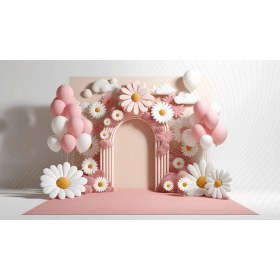 Resim Venspor Pembe ve Beyaz Papatya ve Balonlarla Süslenmiş Arka Plan 200 x 150 cm Fon Duvar Örtüsü 