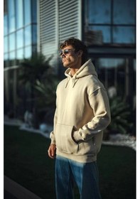 Resim Barlashive Kadın 3 İplik Pamuklu Kapüşonlu Kanguru Cepli Oversize Hoodie Sweatshirt - Bej Çok Renkli 