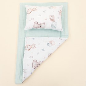 Resim Alt Açma Matı ve Yastık - Çift Taraflı - Dijital Baskı Muslin - Turkuaz Örgü - Sevimli Ayıcıklar 