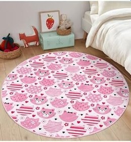 Resim RealHomes Pembe Kedi Figürlü Baskılı Çocuk & Genç Odası Makinede Yıkanabilir Kaymaz Taban Yuvarlak Kadife Halı HaliYuv-Comfort-891, 180 x 180 
