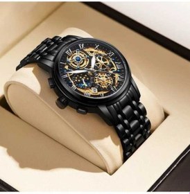 Resim Fastbuy Erkek Lıge Koleksiyon Black Golden Kasa Mavi Kadran Krom Çelik Su Geçirmez Kronograf Altın Kordon Altın 