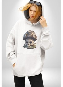 Resim Kurukafa Mantar Ev Kadın Erkek Beyaz Kapüşonlu Sweatshirt Hoodie Beyaz 