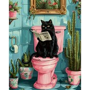 Resim Siyah Kedi Gazete Okuyor Tuvalette 5D Elmas Boyama Kiti, DIY Yuvarlak Elmas Sanatı, Hayvan Temalı Tam Delme Kanvas Mozaik Zanaat, Çerçevesiz Duvar Süsü Ev ve Ofis için 