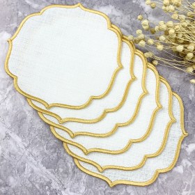 Resim Weare2 Gold Altın Renkli Nakışlı Keten Efektli 6'lı Kokteyl Peçetesi 