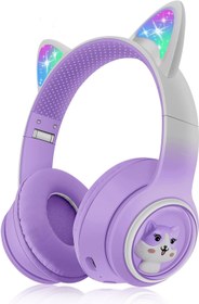 Resim Ahır için Bluetooth Ses Sistemi, Woukksy Hopfällbara 85dB Ses Kaydı, Skola/Surfplatta/Mobiltelefon/Dator için LED Işıklı Cat-öron ve Mikrofon ile Ses Kaydı -Pembe (Mor) 
