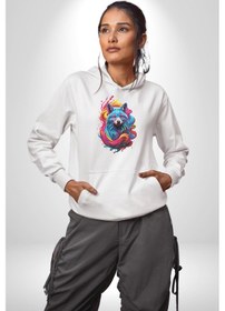 Resim Renkli Kurt Kadın Erkek Beyaz Kapüşonlu Sweatshirt Hoodie Beyaz 