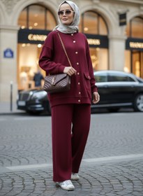 Resim Aselim Hijap Moda Oslo Selanik Kumaş Hırka İkili Takım - Oversize Kalıp - Kışlık Tesettür Takım Bordo 