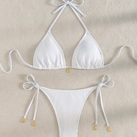 Resim Beşik Desenli Metal Kabuk Halter Boyun Kadın Bikini Takımı 