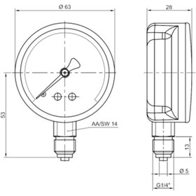 Resim Pakkens Çap 63 0/6 Bar Kuru Tip Basınç Ölçer, Manometre, Basınç Göstergesi 1/4 inch 
