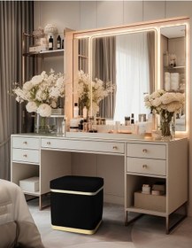 Resim Zengo Gold Twin Line Kare Puf -siyah Kumaş, Dekoratif Makyaj Masası Pufu-modern Style 