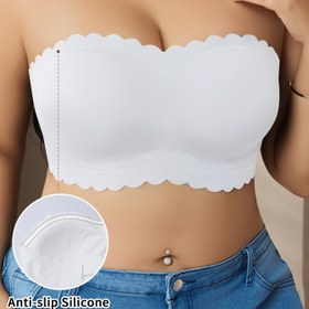 Resim Kadınlar için Dikişsiz Plus Beden Omuzsuz Dolgusuz Push-Up Sütyen, Oymalı Sırt ve Büzgülü Tasarım 