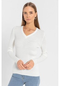 Resim Miss Poem Kadın V Yaka Slim Fit Fitilli Uzun Kışlık Ekru Triko Kazak Ekru 