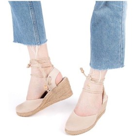 Resim Gerçek Elişi Topuğu Açık Bilekten Bağlamalı Dolgu Topuk Keten Hasır Espadril Handmade Açık Bej 