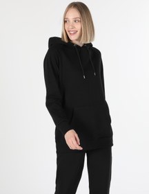 Resim Regular Fit Kapüşonlu Düz Kadın Siyah Sweatshirt 