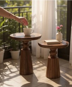 Resim ASELYA HOME Doğal Ahşap 2’li Set Fitilli Mantar Yan Sehpa Modern Fiskos Zigon Çiçeklik 