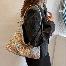 Resim Kadınlar için Vintage Çiçekli Hobo Çantası - Fermuarlı Büyük Kapasiteli Omuz Çantası, Karışık Renkli Çiçek Tasarımı, Dayanıklı Kumaş Malzeme, Günlük Yaşam veya Film Akşamları İçin Mükemmel, Hobo El Çantası 