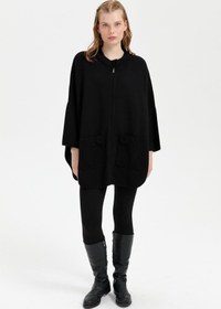 Resim Desen Kadın Oversize Midi Panço - Fermuarlı, Örgü Detaylı - Siyah / S 
