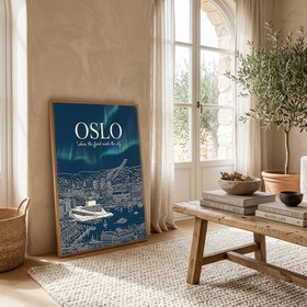 Resim Oslo Line Art Print - Navy Opera House Fjord Aurora Borealis Skyline Wall Art - Wooden Frame - White / 8,3 x 11,7" (21x30) 