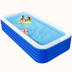 Resim Dört Katmanlı Güçlendirilmiş Şişme Havuz - Katlanabilir PVC Güneş Koruma Malzemesi, 4 Kişilik İçin Uygun, Mavi ve Beyaz Dikdörtgen Tasarım, Pürüzsüz Yüzey, Veranda, Plaj, Kamp ve Açık Su Etkinlikleri İçin Hızlı Kurulum 