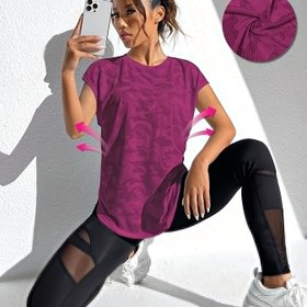 Resim Bu Spor Stüdyosu Fitness İçin Tasarlanmış, Nem Çekme ve Hızlı Kuruma Özelliklerine Sahip, Batwing Kollu Jakarlı T-Shirt Sunmaktadır. Koşu, Egzersiz ve Yürüyüş İçin Temel Bir Parçadır. 