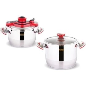 Resim Fms Merkür Ikiz 4 + 6 Litre Düdüklü Tencere Seti + Cam Kapak Kırmızı 3021 