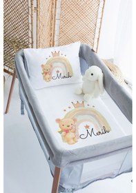 Resim Lilabio %100 Pamuk Saten İsme Özel İsimli 70x120 Park Yatak Nevresim Seti Gökkuşağı Ve Ayıcık 